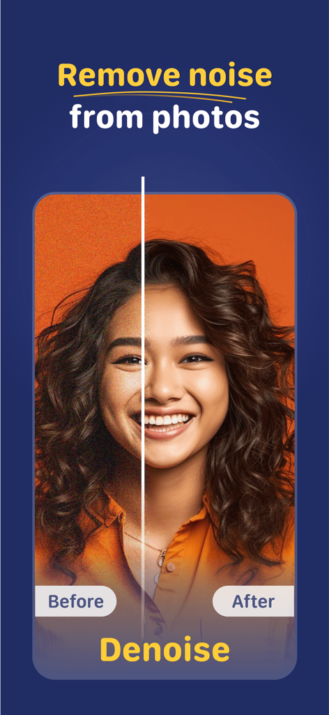 AI 사진 품질 향상 앱에서 여성 인물 사진에 적용된 노이즈 제거 기능의 전후 비교