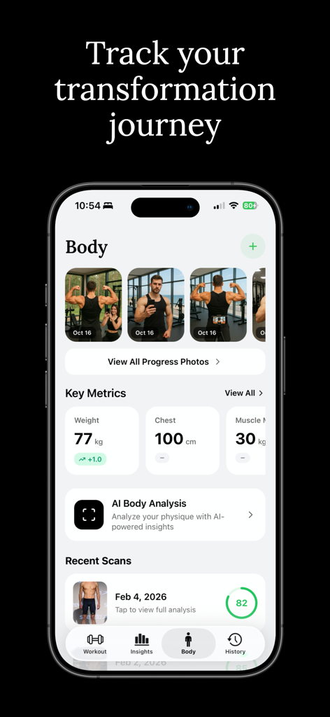 Liftly app dashboard showing body transformation progress photos and AI physique metrics