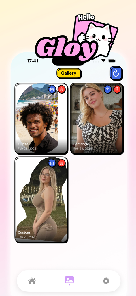 Interface of the Gloy app showing a gallery of edited photos with custom and ellipse shape crops