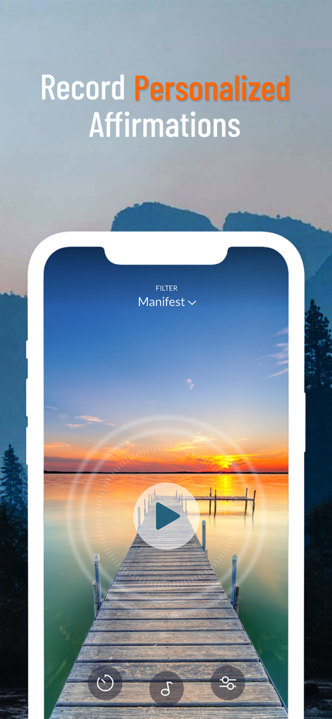 ThinkUp-Daily Affirmations app - ThinkUp app screen showing personalized affirmations playback over a peaceful sunset lake background