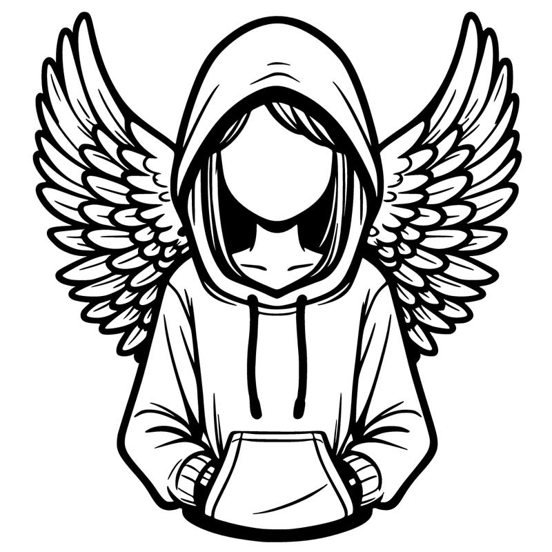 hooded girl with no face with big canary wings on her back