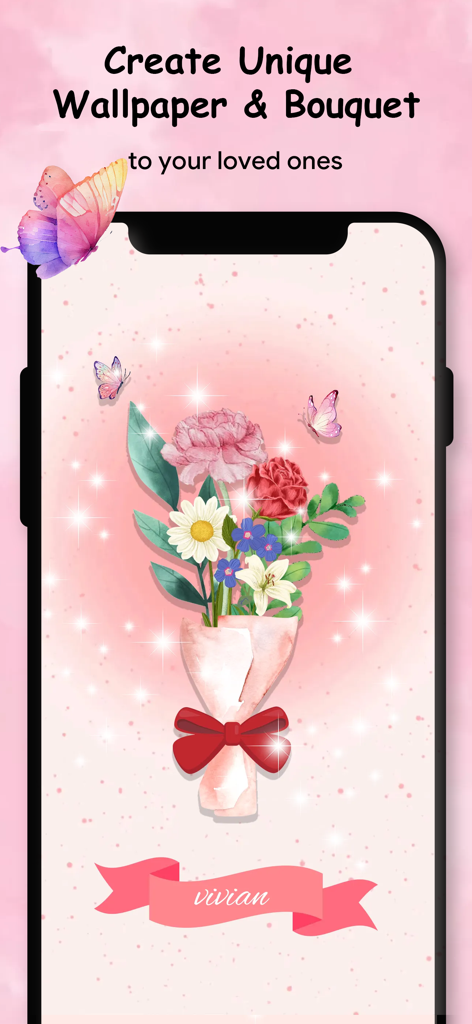 Flower Name: DIY Wallpaper - Um buquê de flores digital personalizado com borboletas e uma etiqueta com o nome em um fundo de papel de parede rosa.