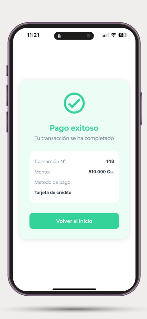 UNAE APP - Successful payment confirmation screen on the UNAE mobile app