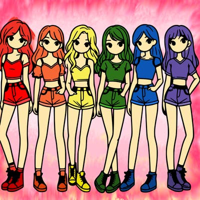 a group of girls wearing crop tops and shorts