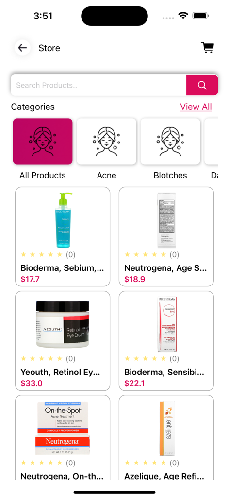 Interfaz de aplicación móvil de una tienda de cuidado de la piel dentro de la app, mostrando productos para acné y manchas con precios y valoraciones.