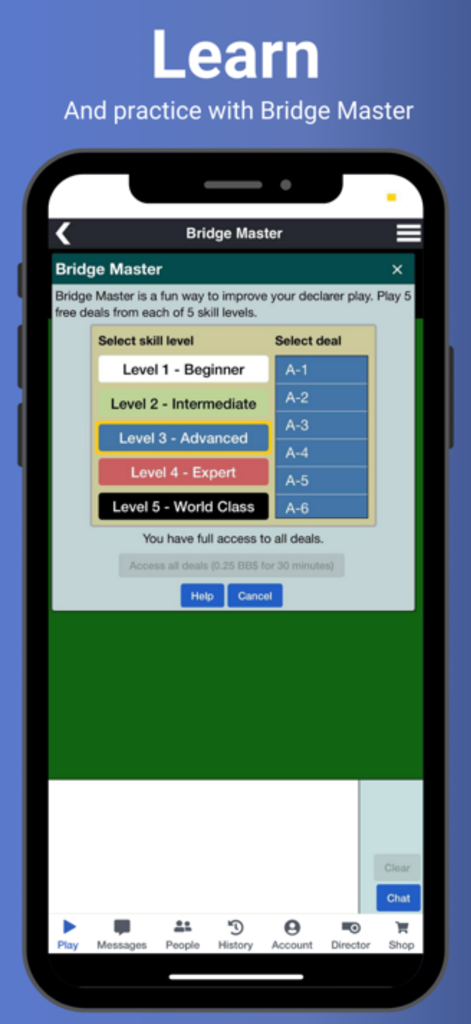 Bridge Base Online - BBO - Pantalla de práctica de Bridge Master de la app BBO mostrando niveles de habilidad desde Principiante hasta Clase Mundial
