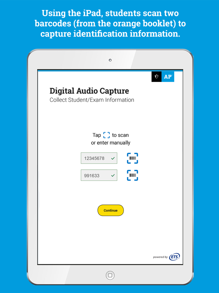 DAC App - Digital Audio Capture app screen showing student identification barcode scanning on an iPad.