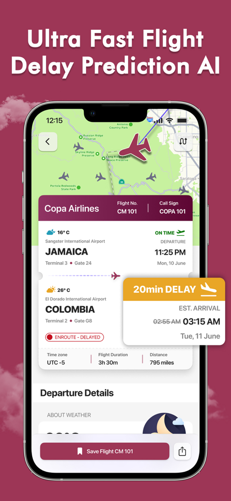 Spot Planes - Flights tracker - Interfaz de la aplicación Spot Planes que muestra predicciones de retrasos de vuelos por IA y un mapa de seguimiento en vivo