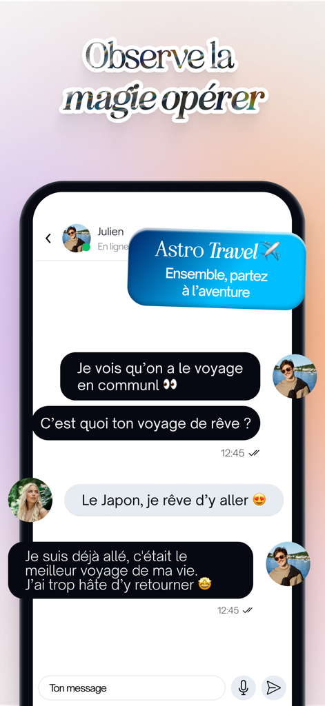 moonz: App de rencontre astro - Chat dans l'application entre deux utilisateurs sur l'application de rencontre astrologique moonz discutant des intérêts de voyage et de compatibilité.