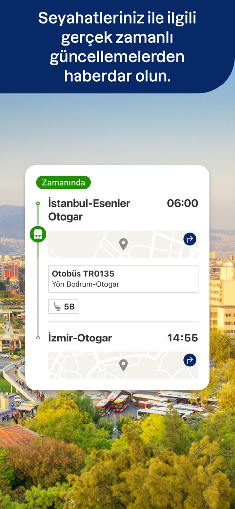 Kâmil Koç Mobil - Seguimiento del viaje en autobús en tiempo real y actualizaciones de estado en la interfaz de la aplicación móvil Kâmil Koç.