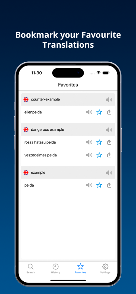 英語ハンガリー語辞書アプリのお気に入り画面。保存された英語の単語とそのハンガリー語訳のリストを表示しています。