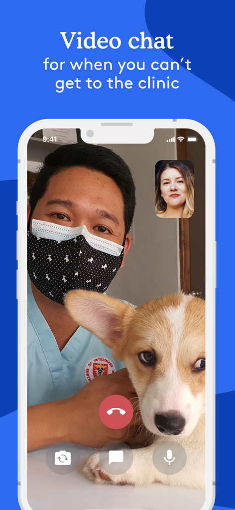 A veterinarian holding a puppy during a video call on the PetsApp mobile application.
