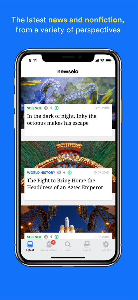 Newsela Student - Captura de pantalla de la aplicación Newsela Estudiante que muestra un feed de noticias educativas y artículos de no ficción para estudiantes