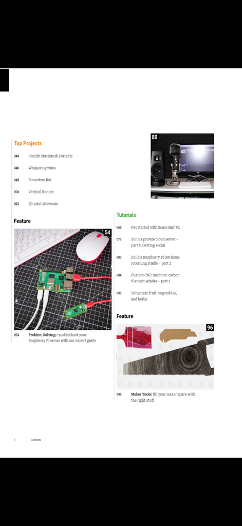 Raspberry Pi Official Magazine - Table of contents page from the Raspberry Pi Official Magazine featuring DIY projects and tutorials for tech enthusiasts