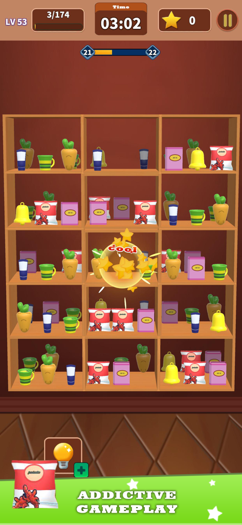 Goods 3D Sorting game grocery - Una pantalla de juego de puzzle de clasificación 3D que muestra artículos de comestibles en estantes con una animación de éxito de emparejamiento