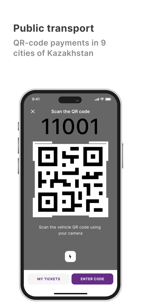 Kcell - Smartphone showing Kcell app QR code scanner for public transport payments in Kazakhstan