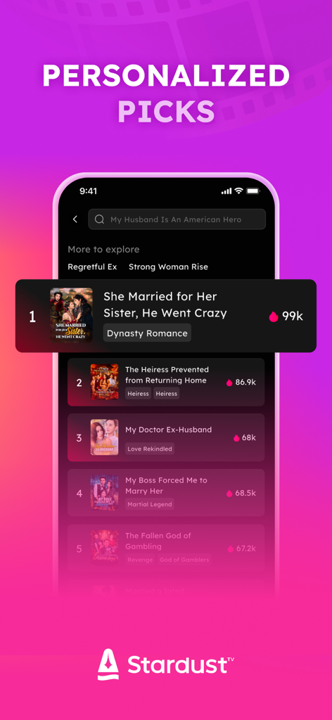 StardustTV app interface showing personalized short drama and movie recommendations on a purple background