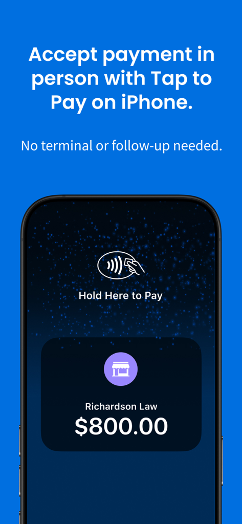 Clio for Law Firms and Lawyers - Tela do iPhone mostrando a interface do aplicativo Clio para aceitar um pagamento pessoal de US$ 800 usando Tap to Pay