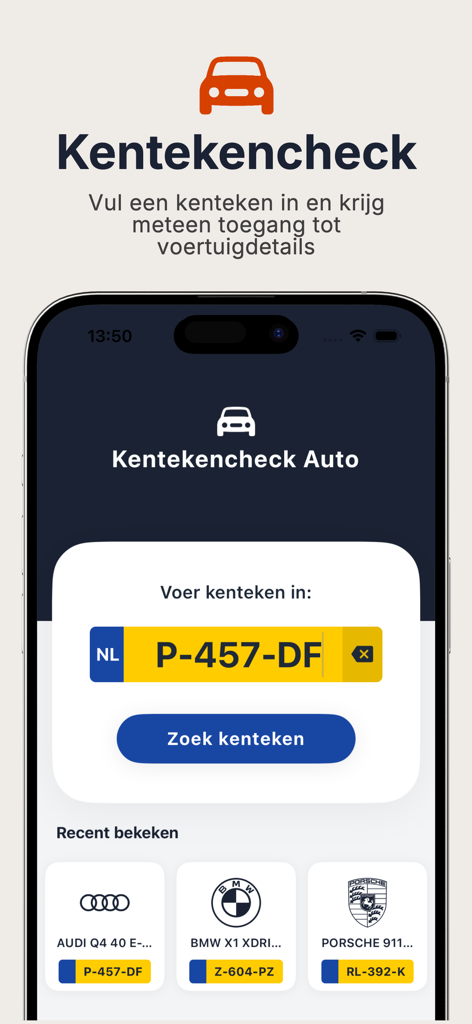 Home screen of the Kenteken Check Auto app showing license plate search and recent vehicles
