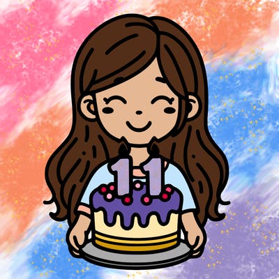 a girl holding a birthday cake that says 11