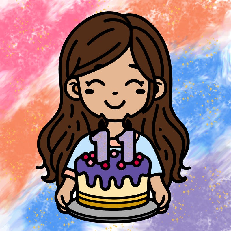 a girl holding a birthday cake that says 11