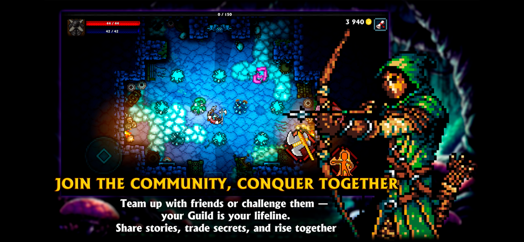 Una escena de combate en mazmorras con un arquero de pixel art en Pocket Rogues Ultimate, destacando las características de gremio y comunidad