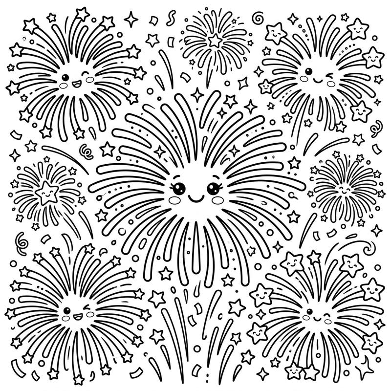 Get ready for a super cute celebration with this Kawaii Birthday Fireworks coloring page! Adorned with smiling fireworks and playful stars, it's perfect for bringing joy to any birthday.