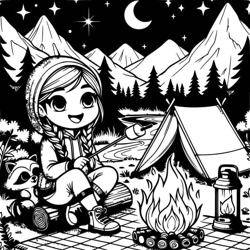 “a young girl with braided hair sits cross-legged on a checkered picnic blanket near a glowing campfire. she’s wearing a cozy hoodie and hiking boots, with a marshmallow on a stick roasting over the fire. behind her, a small tent is pitched under tall pine trees, with a starry night sky and a crescent moon above. a friendly raccoon peeks out from behind a log, and a lantern glows softly on the ground beside her. in the background, a winding river reflects the moonlight, and distant mountains rise under the shimmering stars.”