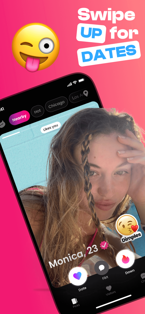 DOWN: The Casual Dating App - Interface of DOWN dating app showing a verified user profile and swipe up for dates option