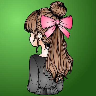 realistic girl  with hip length hair a bun and a big bow on the back of head