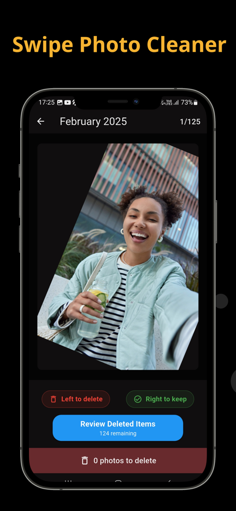 Photo Delete Swipe - Smartphone screen showing the Photo Delete Swipe app interface where a user can swipe left to delete or right to keep a selfie