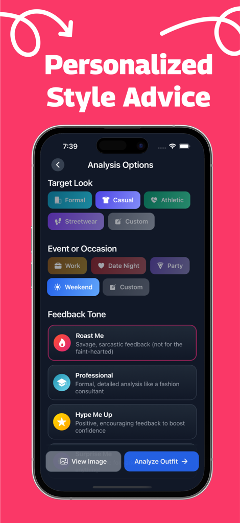 Outfit Planner: AI Outfit - Mobile Ansicht, die personalisierte Stilberatungsoptionen für Ziel-Looks, Veranstaltungskategorien und KI-Feedback-Töne anzeigt