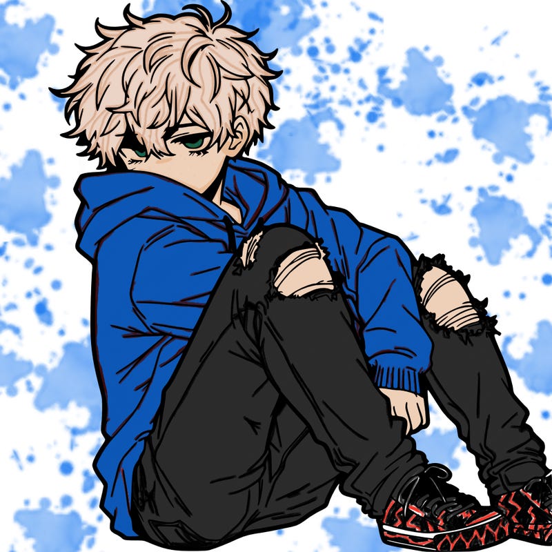 a male hoddie ripped jeans messy hair anime