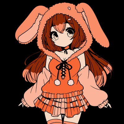 pretty anime girl wearing a fluffy hoodie with bunny ears on the hood and a skirt