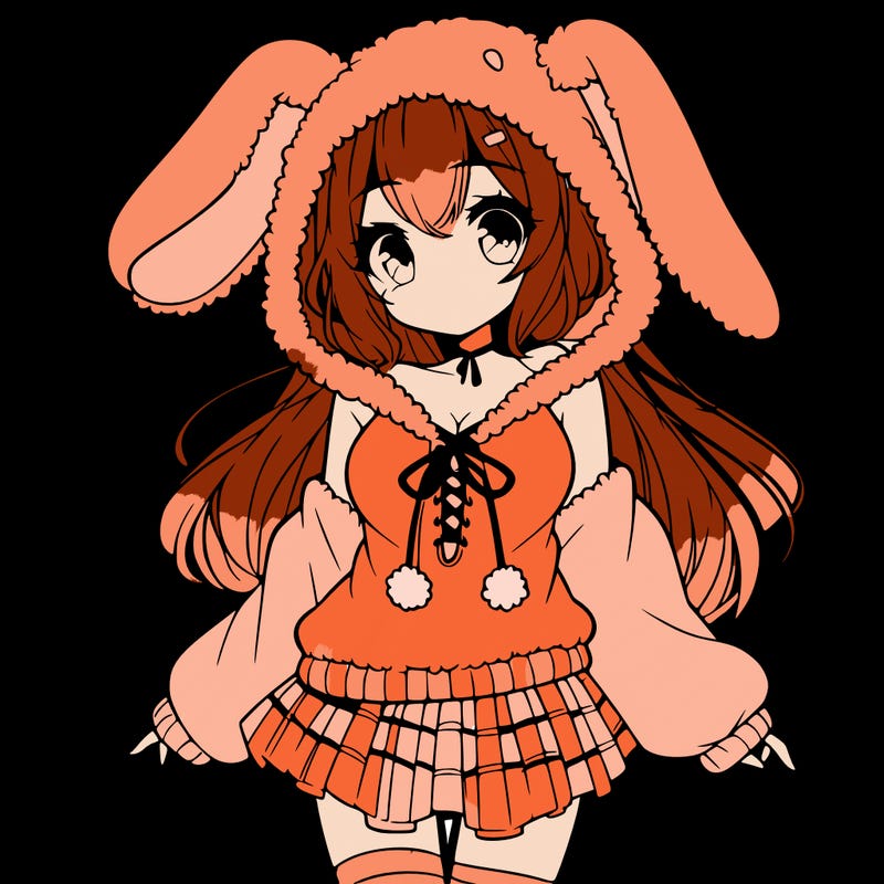 pretty anime girl wearing a fluffy hoodie with bunny ears on the hood and a skirt
