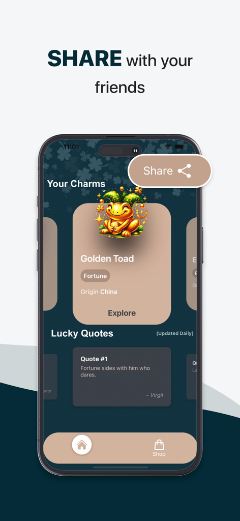 Lucky Charms App interface showing the Golden Toad fortune charm with a share button and daily lucky quote