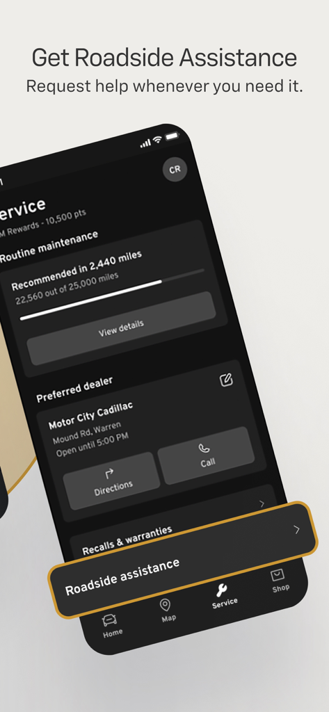 myChevrolet app screenshot showing maintenance status dealer info and roadside assistance