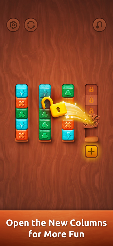 A gameplay screenshot of Colorwood Sort Puzzle Game showing a yellow lock opening a new column for more blocks