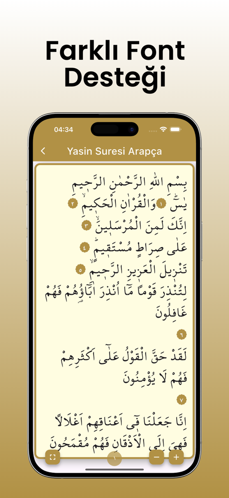 Una pantalla de smartphone que muestra el texto árabe de la Sura Yasin con un encabezado que menciona el soporte de diferentes fuentes en turco