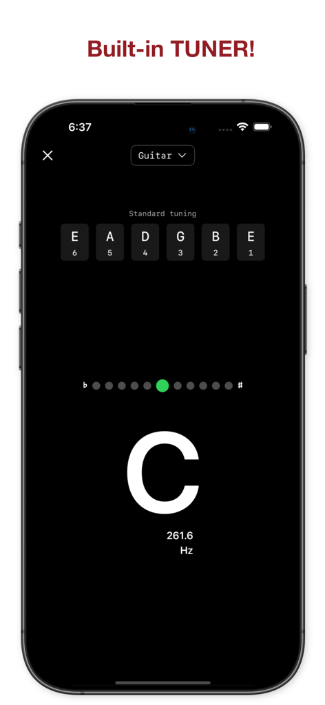 Built-in guitar tuner on the Chord Craft app screen showing the note C and tuning frequency