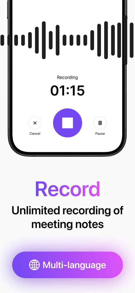 Recap: AI Meeting Note Taker - Recap AI app interface showing unlimited meeting notes recording and multi-language support