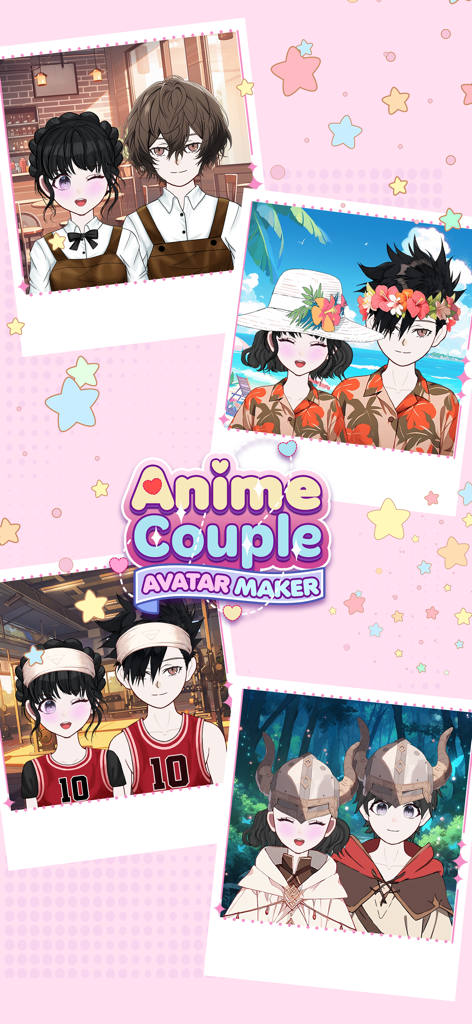 Eine Sammlung von Polaroid-Fotos, die verschiedene Designs von Anime-Paar-Charakteren in verschiedenen Outfits und Umgebungen zeigen.