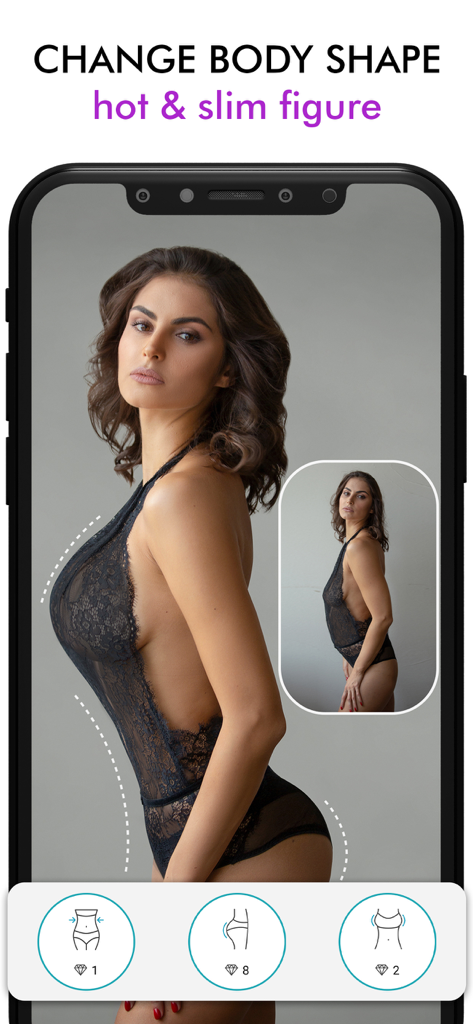 Interface d'une application mobile montrant la retouche manuelle pour l'amincissement et la mise en forme du corps avec comparaison avant/après