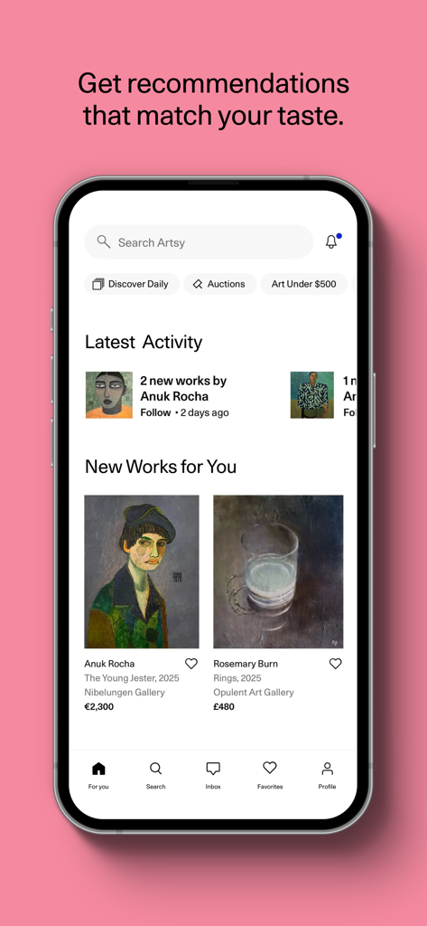 Artsy app interface displaying personalized art recommendations and latest activity from followed artists.