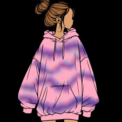 realistic girl with a oversized sweatshirt on and a bun