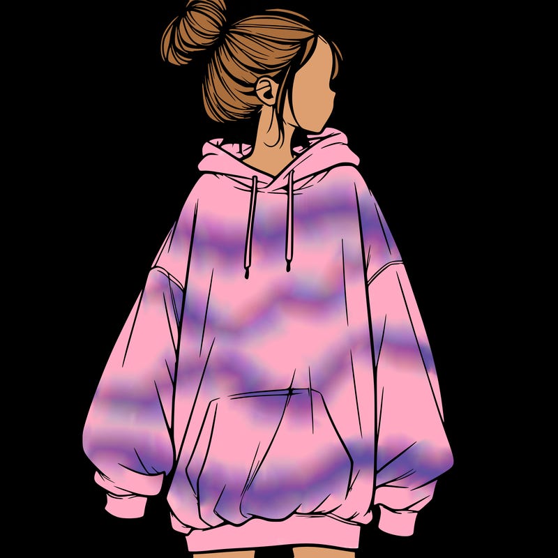 realistic girl with a oversized sweatshirt on and a bun