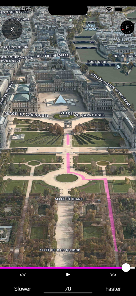 Visão de mapa aéreo 3D de Paris com uma rota de navegação rosa passando pelos jardins do Louvre
