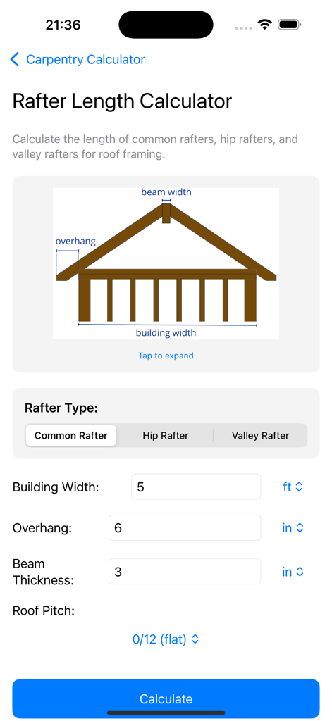 Carpentry & Trim Calculator - Rafter length calculator interface with roof framing diagram and measurement inputs