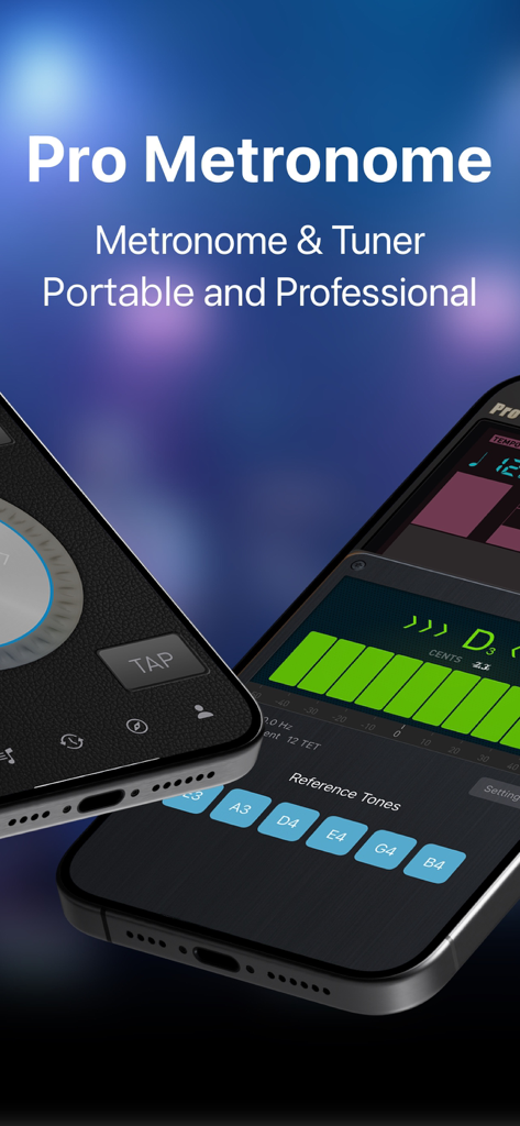 Pro Metronome - Tempo & Tuner - Pro Metronome 앱 디스플레이에는 모바일 화면에 메트로놈과 튜너가 표시됩니다.