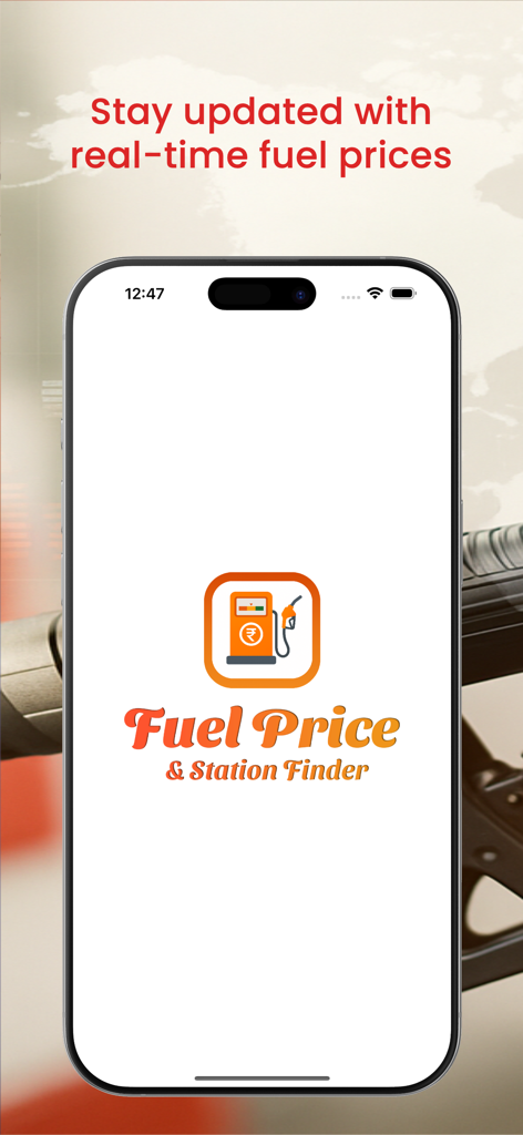 Fuel Price & Station Finder - Écran de démarrage de l'application Prix du Carburant et Localisateur de Stations montrant les mises à jour des prix du carburant en temps réel et le logo de la pompe à essence